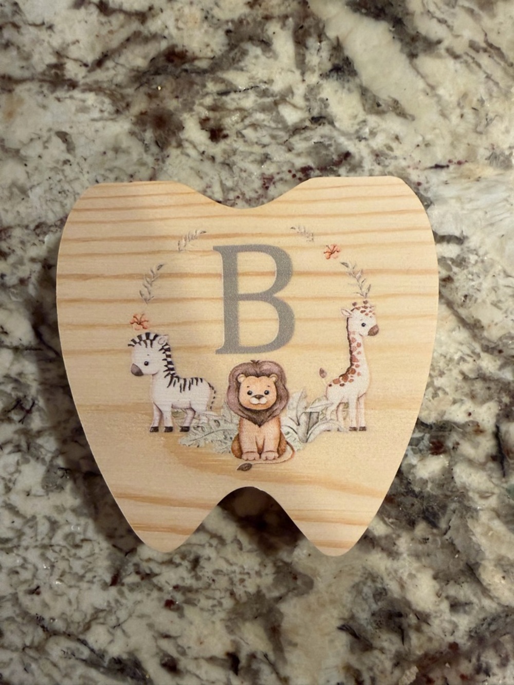 Wooden Tooth Keepsake with Jungle Animal Design - Letter B